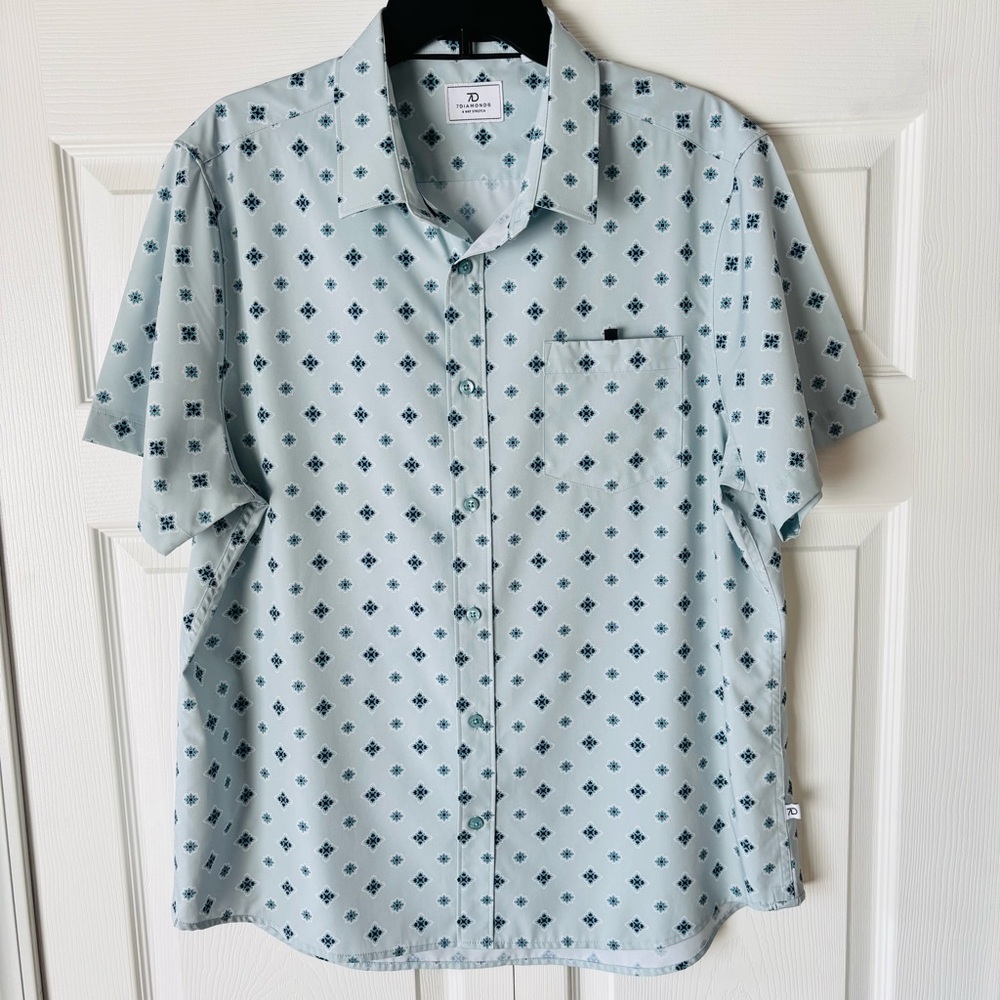 7 Diamonds Light Blue Geometric Button Down 4 Way Stretch Casual Shirt Top